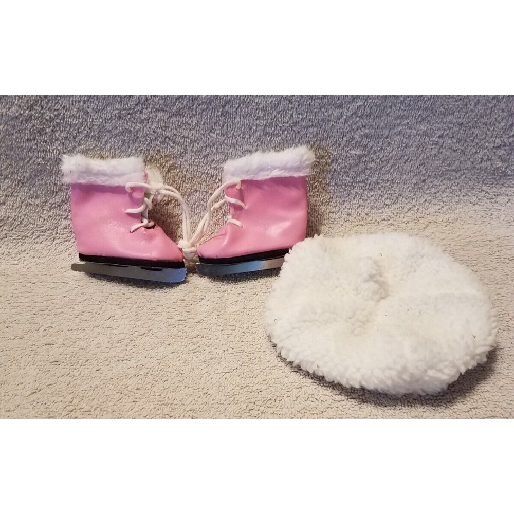 Pink Fur Trimmed Ice Skates Fits 18 inch American Girl Dolls & white Beret Hat
